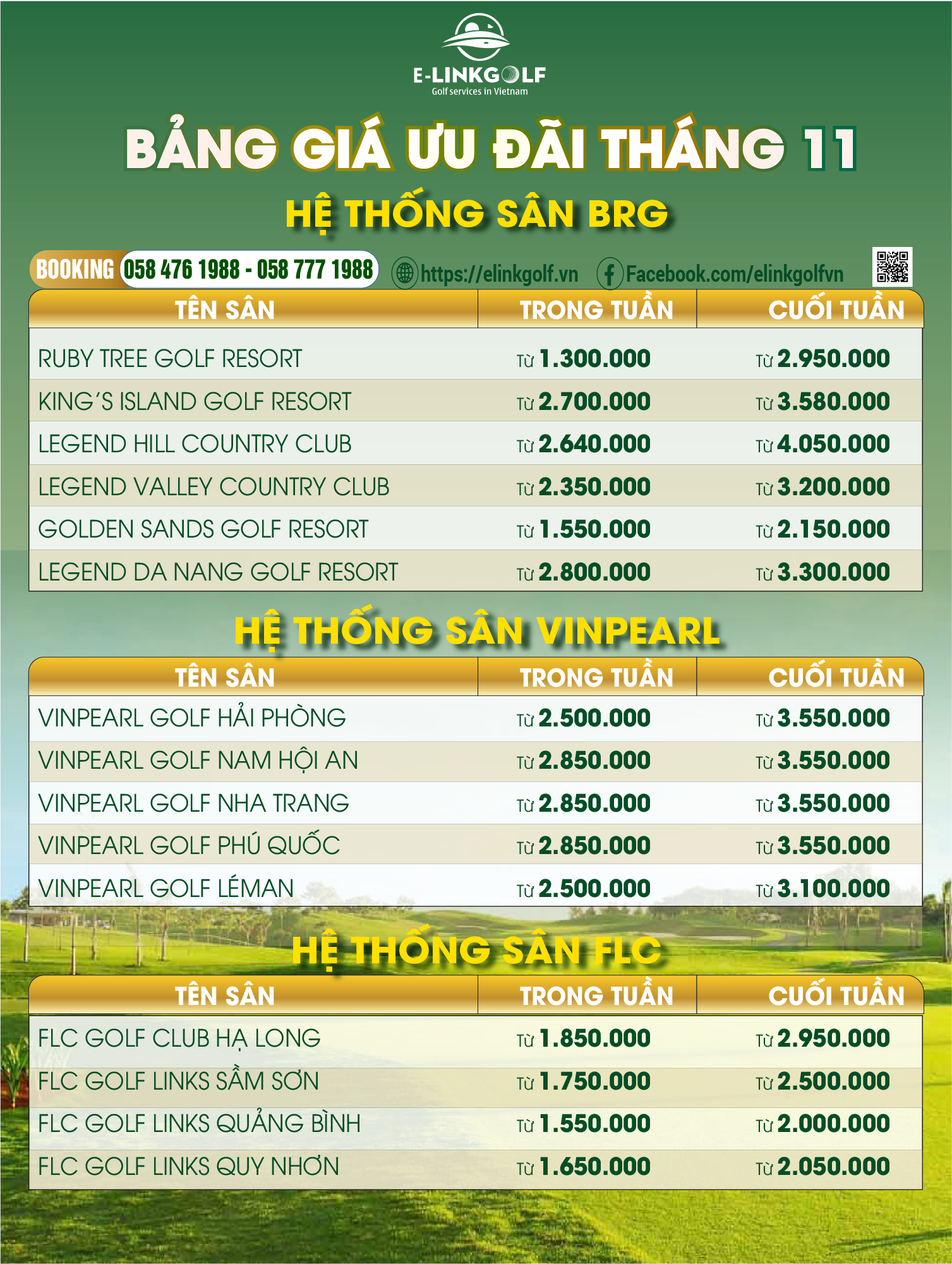 Cập nhật bảng giá sân golf Việt Nam tháng 11/2025 5 gia hẹ thong cac san golf