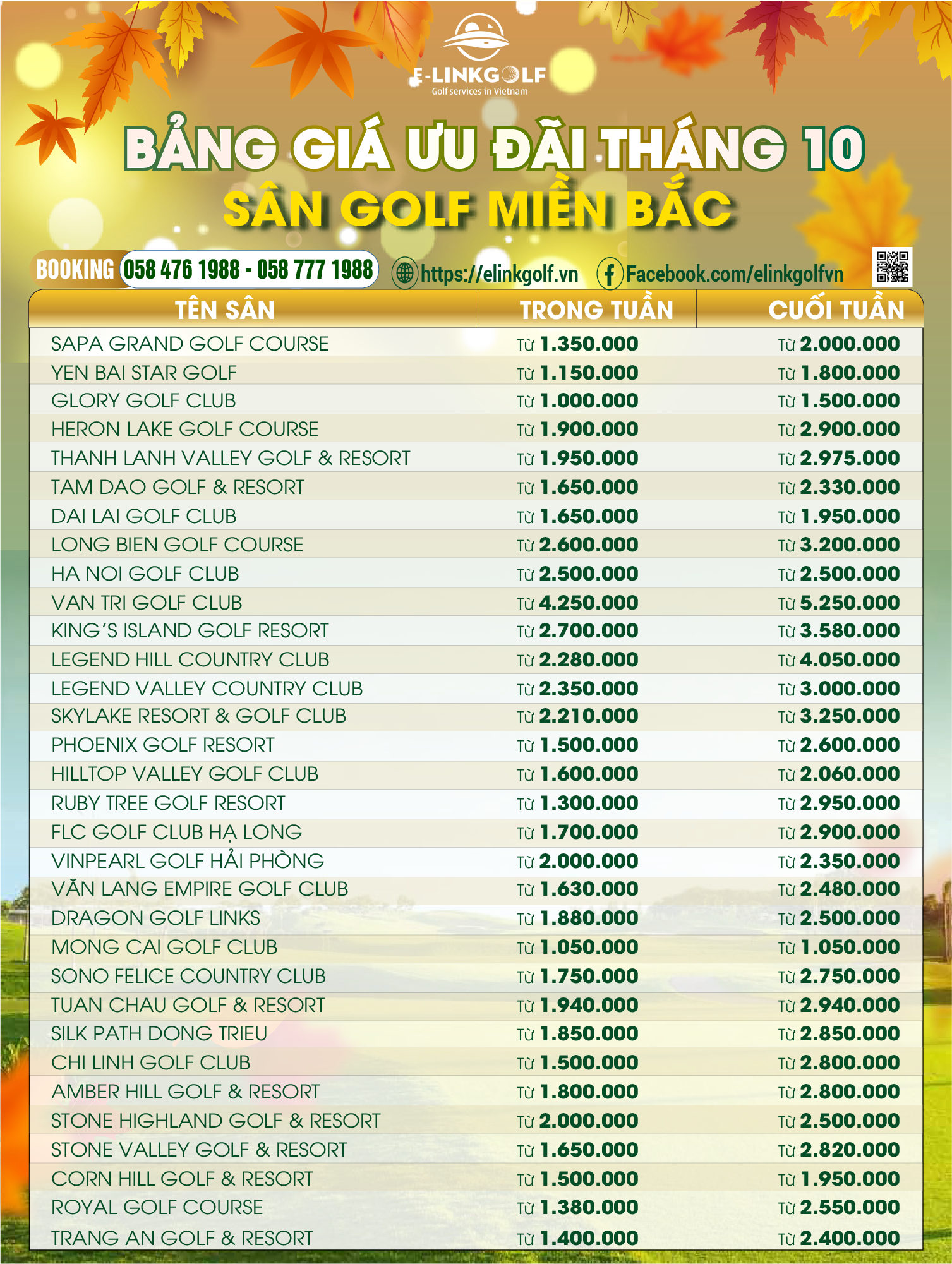 gia san golf mien bac thang 10